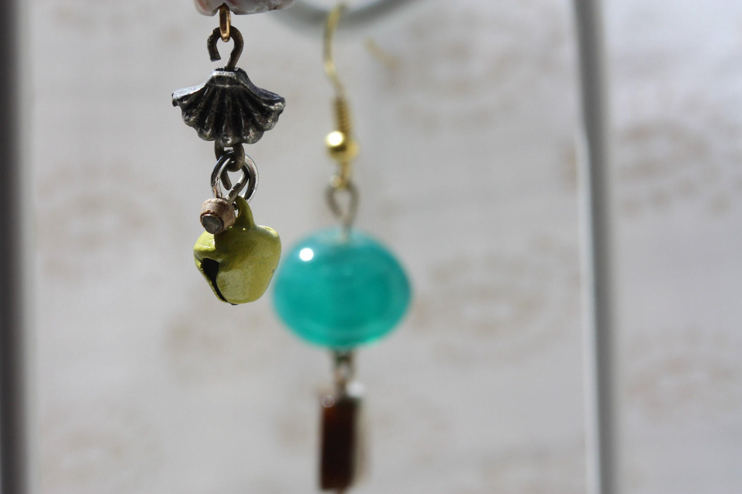 Handmade Vintage Turquoise Glass Earrings - Abalone Shell Dangle Earrings - Mustard Yellow Bell Beads - Boho Statement Earrings