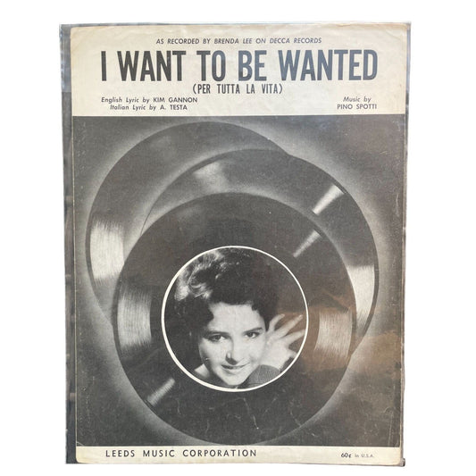 Rare Vintage 1959 sheet music "I Want to Be Wanted" (Per Tutta La Vita) - Brenda Lee