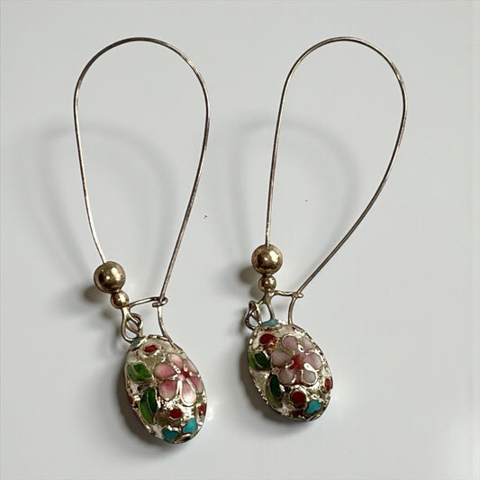 Vintage Cloisonné Floral Dangle Earrings, Enamel Oval Drop Jewelry