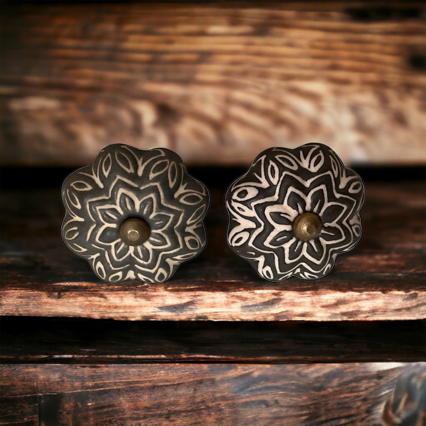 Pair of black and white vintage drawer pulls