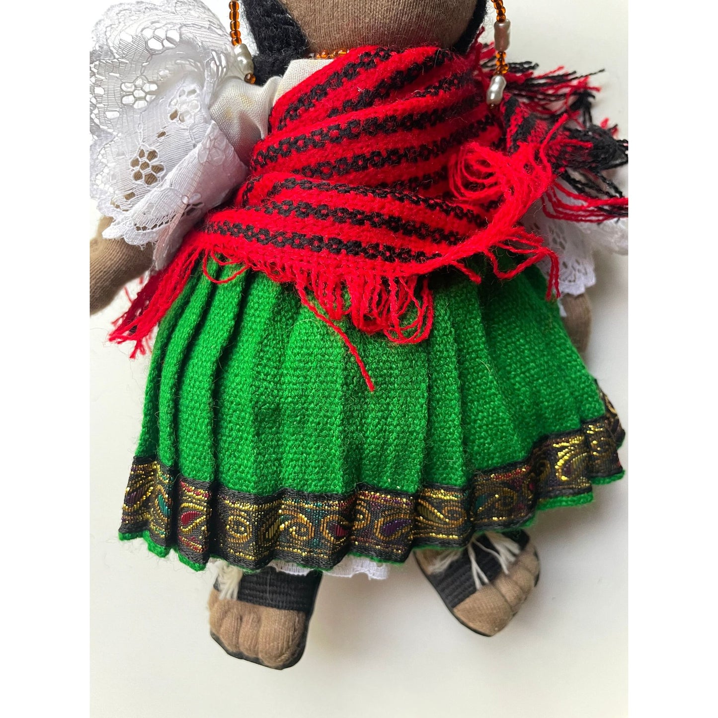 Stunning vintage Mexican? girl doll with braids, sandals and traditional clothing