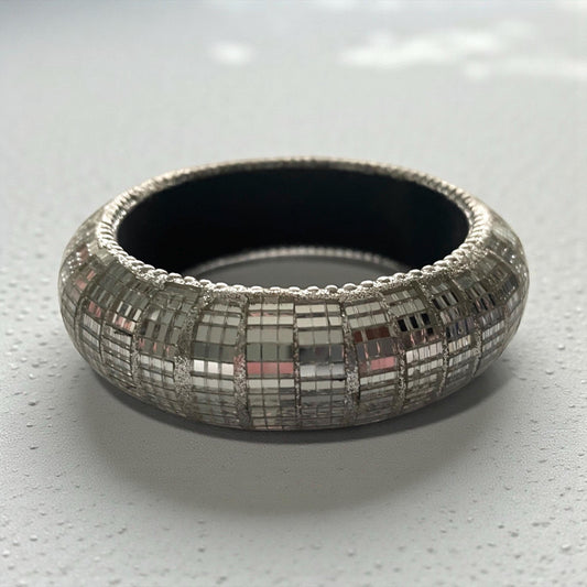 Unique Silver Mirror Square Bangle - Reflective Disco Ball Style Bracelet - Trendy Geometric Jewelry for Women - Statement Fashion Accessory