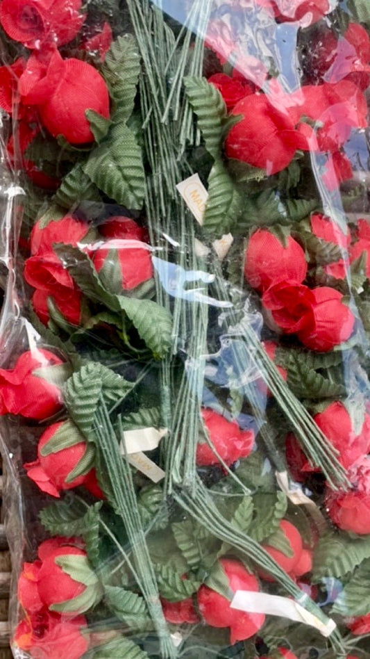 Three dozen red faux flowers - wire stemmed red flowers