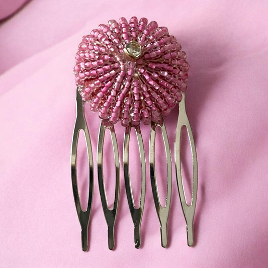 Handmade Pink Beaded Hair Comb with Rhinestone Center – Elegant Metal Comb for Bridal, Formal, or Everyday Glam