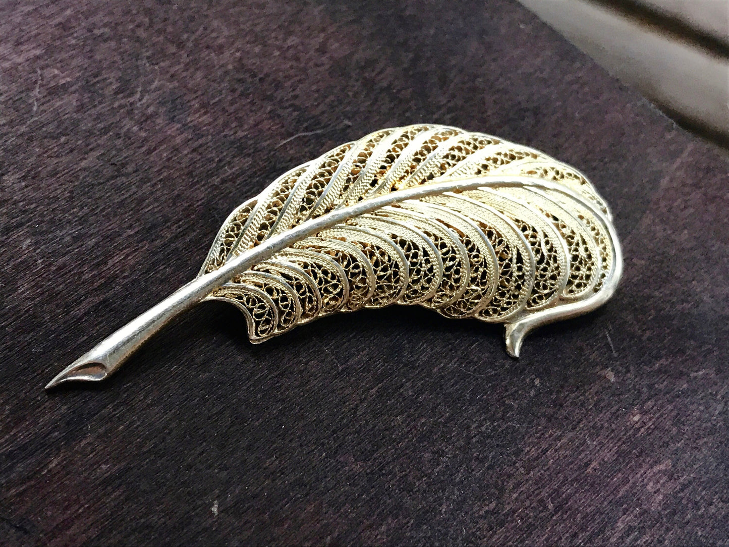 Stunning vintage signed Topazio Portugal sterling silver 925 filigree feather pin