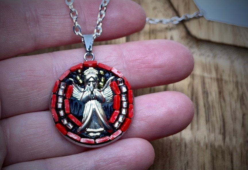 My handmade angel micro mosaic necklace with handcut glass and mixed materials