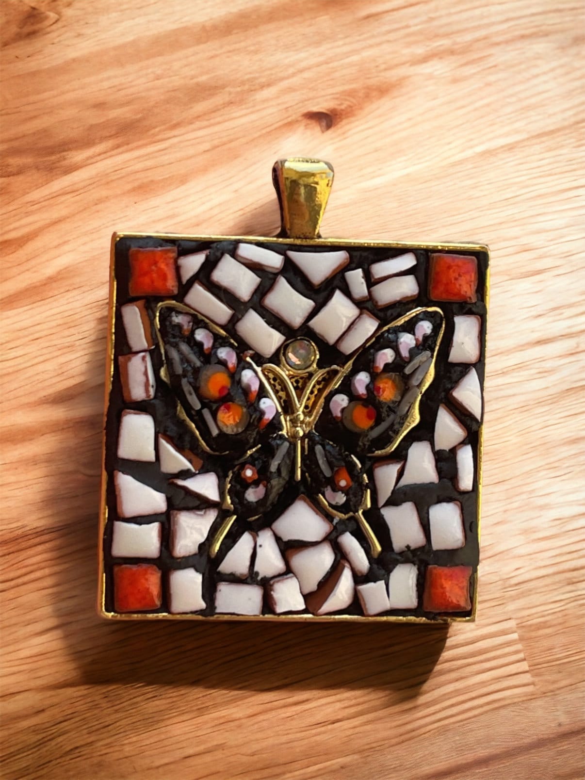 Handmade mixed material hand cut tile and Italian micro mosaic glass - square butterfly necklace