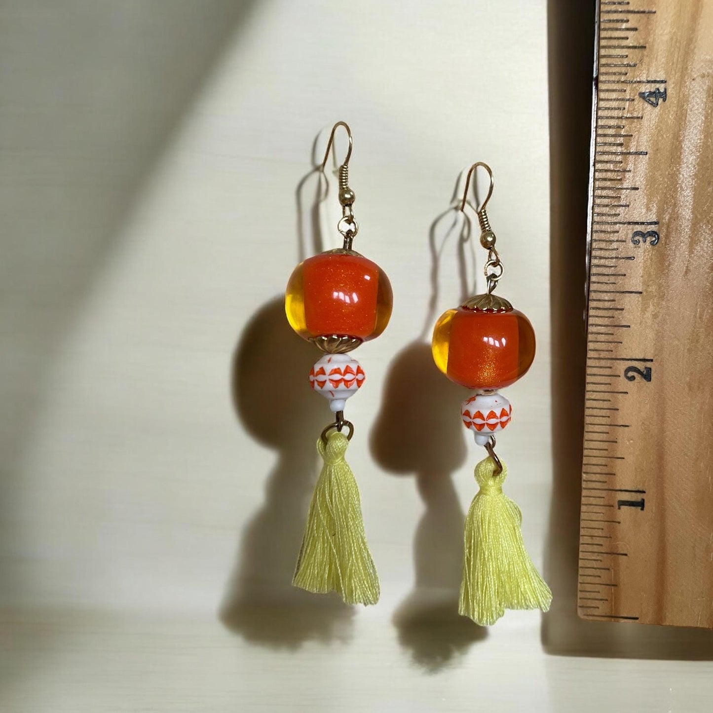 Orange Beaded Earrings with Yellow Tassels – Handmade Boho Dangle Earrings, Bright Summer Jewelry, Festival Accessories, Gift for Her