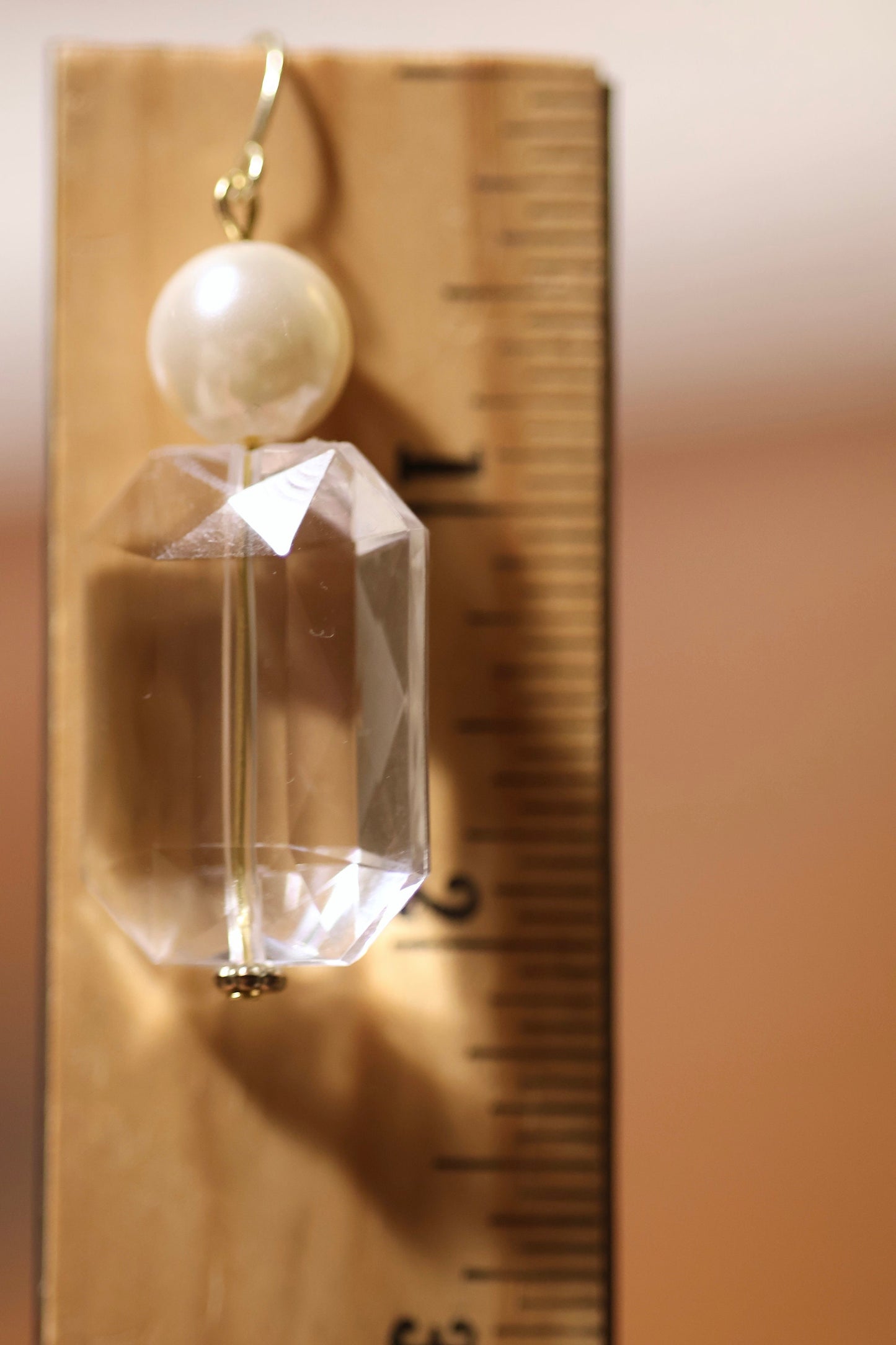 Clear bevel cut acrylic 2" rectangular shaped dangle earrings with faux pearl