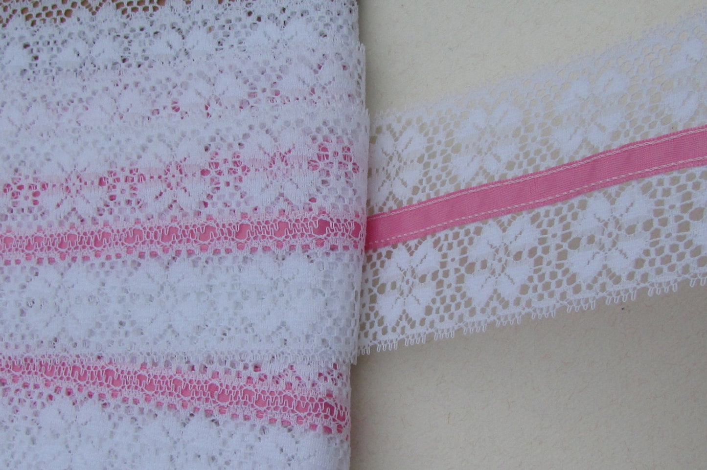 Wide vintage white lace with pink ribbon in the center - by the yard