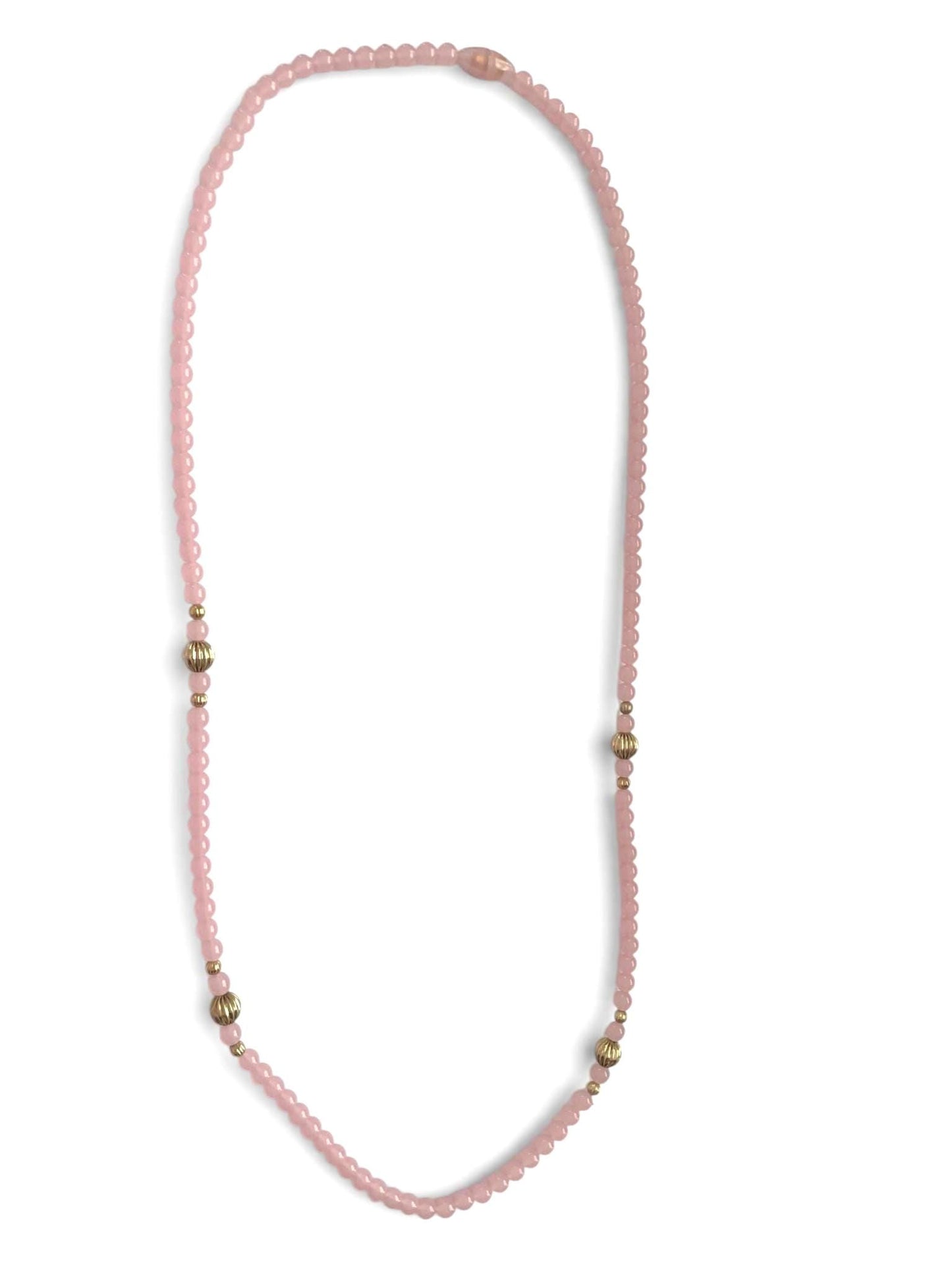 Vintage Pink Lucite Bead Necklace with Gold Ribbed Accent Beads, Blush Acrylic Statement Necklace, Minimalist Layering Jewelry