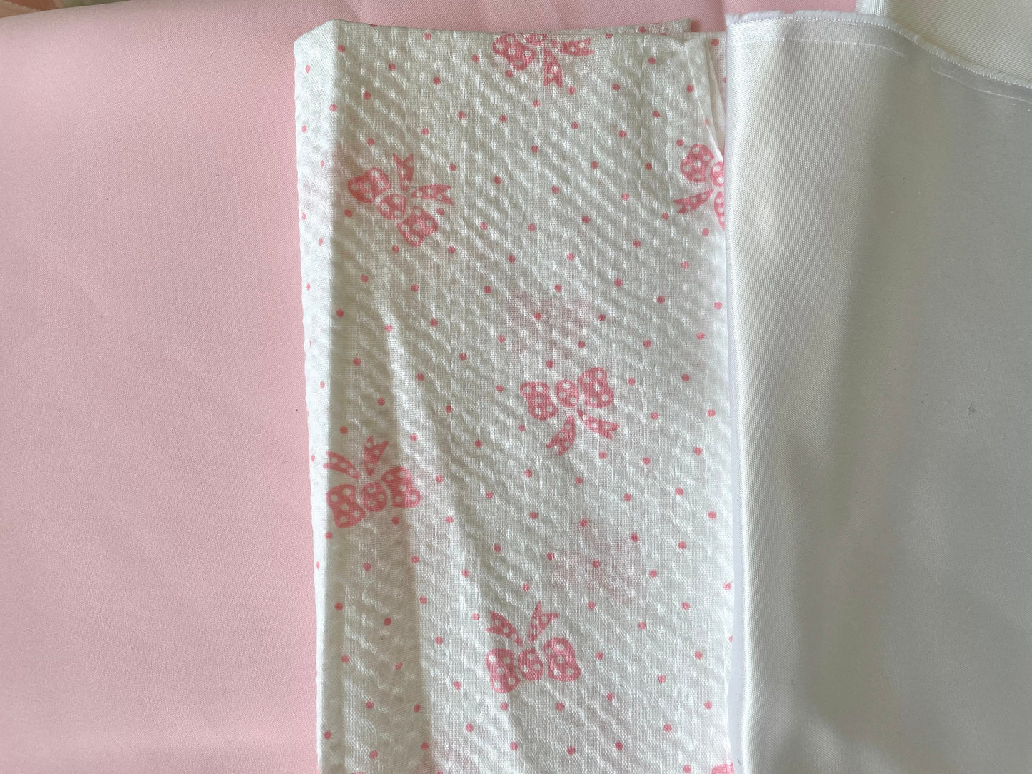 Lot of vintage fabric remnants - pink satin, white satin and white with pink bows