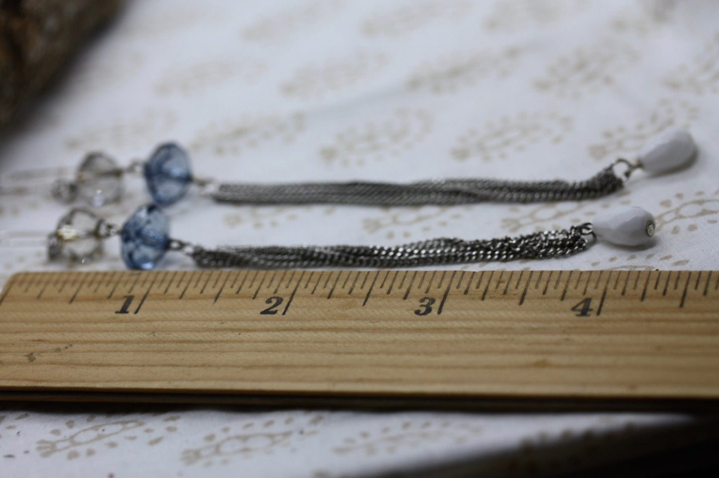 Ultra long, ultra sexy blue and white faceted crystals with metal tassel handmade earrings with vintage components