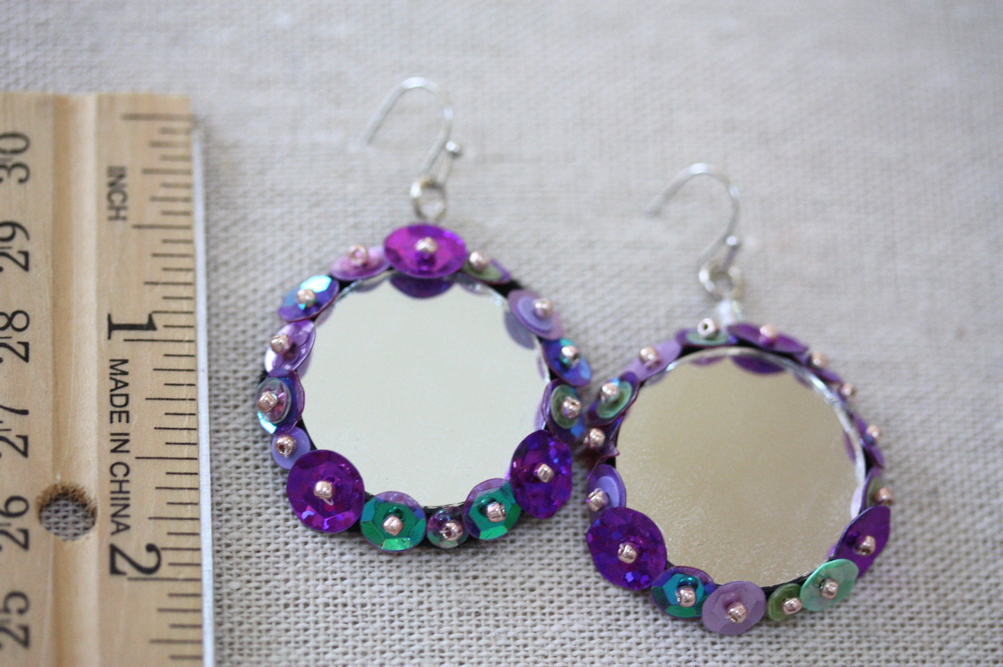Unique hand beaded and sequined dangle mirror earrings