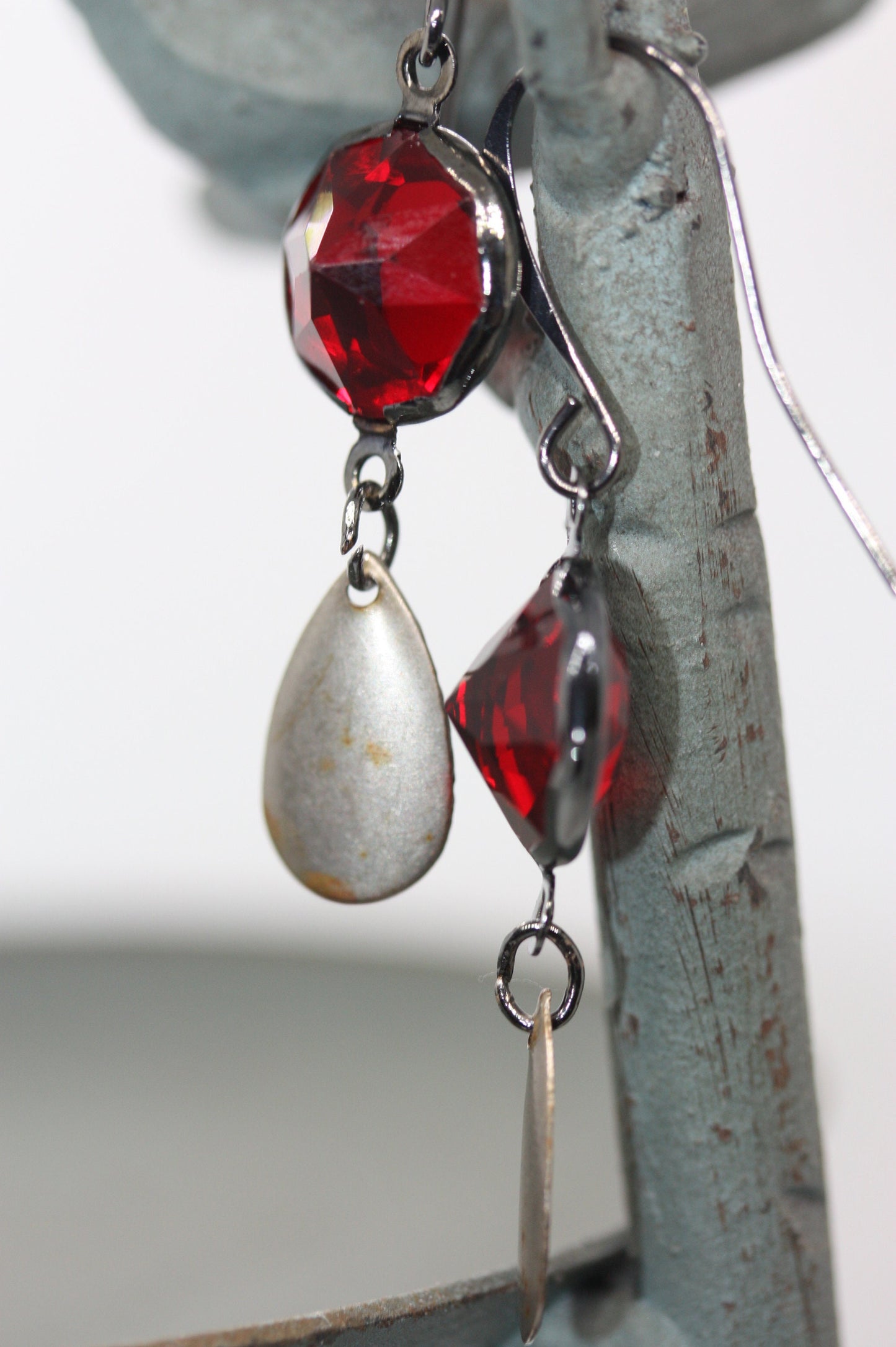 Faceted red glass earrings made of both new and vintage components