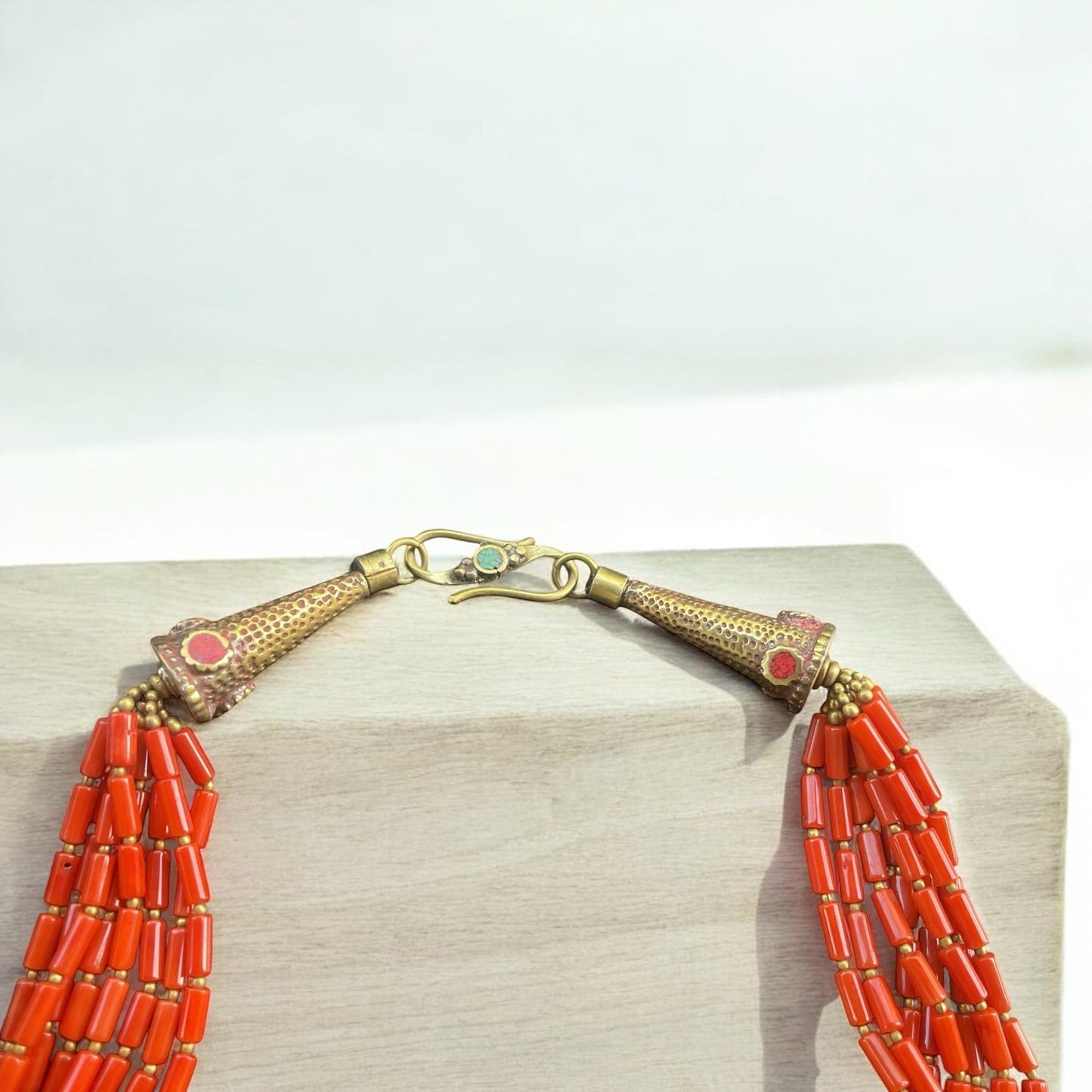 Boho Tribal Statement Necklace | Red Coral Beaded Ethnic Necklace | Tibetan Style Turquoise Brass Necklace | Bold Festival Jewelry