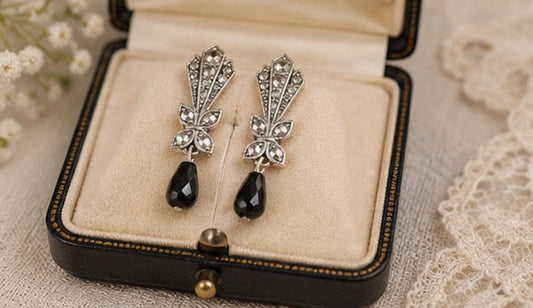 Vintage Art Deco Style Clip-On Earrings with Black Teardrop Dangles | Silver Tone Rhinestones | 1.5" Long