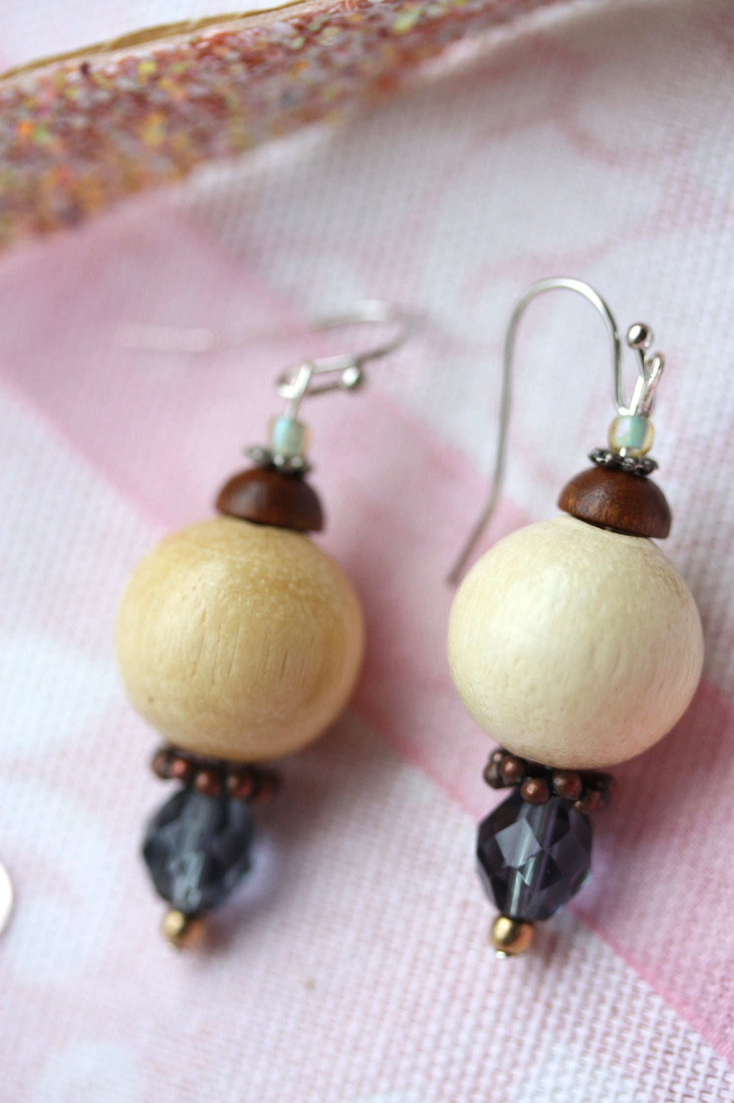 Blue glass crystal and wood beads handmade dangle earrings with vintage, upcycled and new elements
