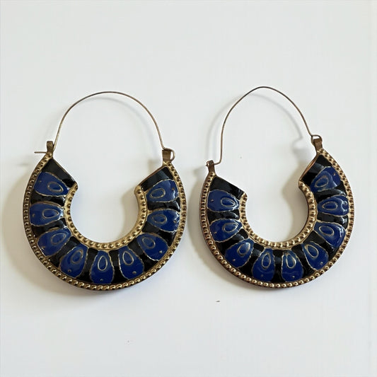 Vintage Brass & Blue Enamel Hoop Earrings – Boho Tribal Style Statement Earrings, Retro Artisan Jewelry