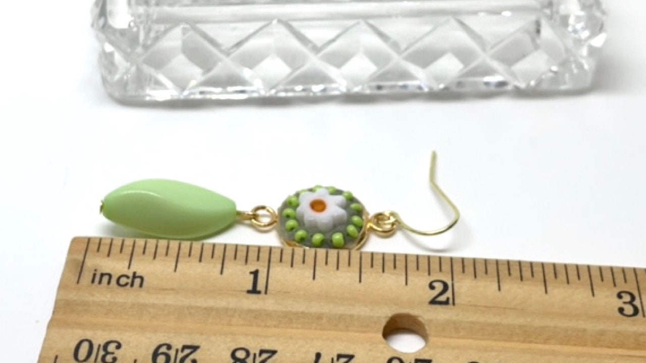Mosaic inlaid glass daisies with green seed beads and dangle