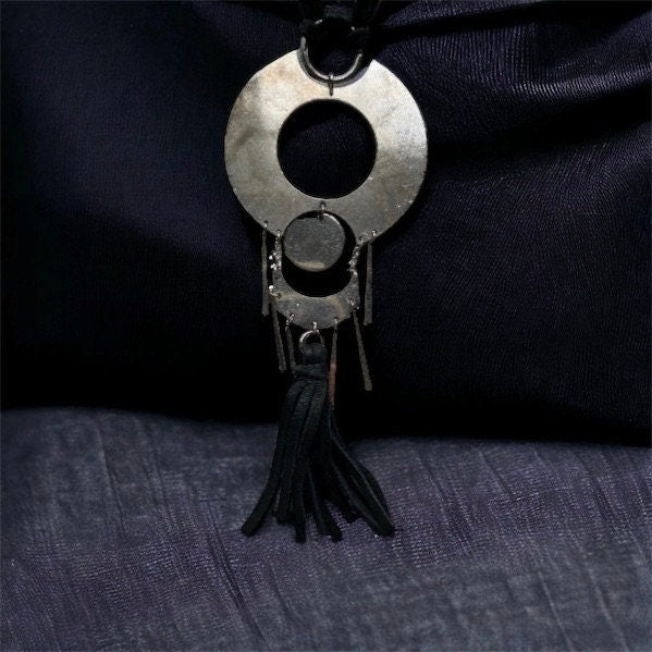 Unique vintage necklace with black suede and silvertone metal