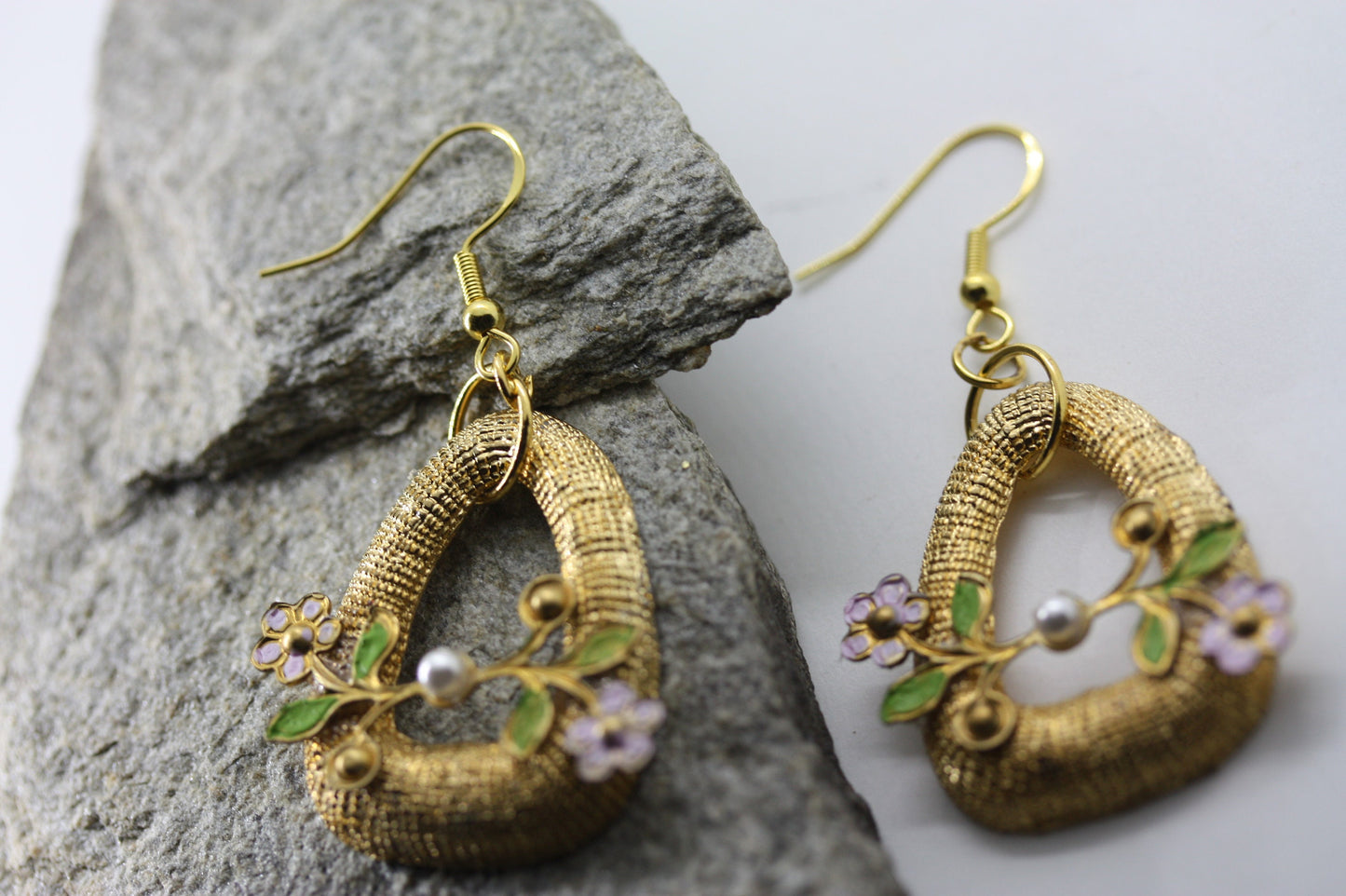 Handmade mixed material dangle earrings made of vintage and new materials