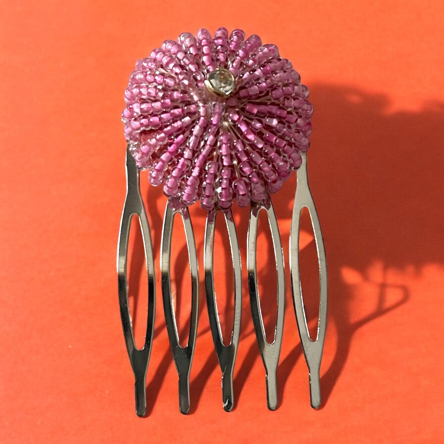 Handmade Pink Beaded Hair Comb with Rhinestone Center – Elegant Metal Comb for Bridal, Formal, or Everyday Glam