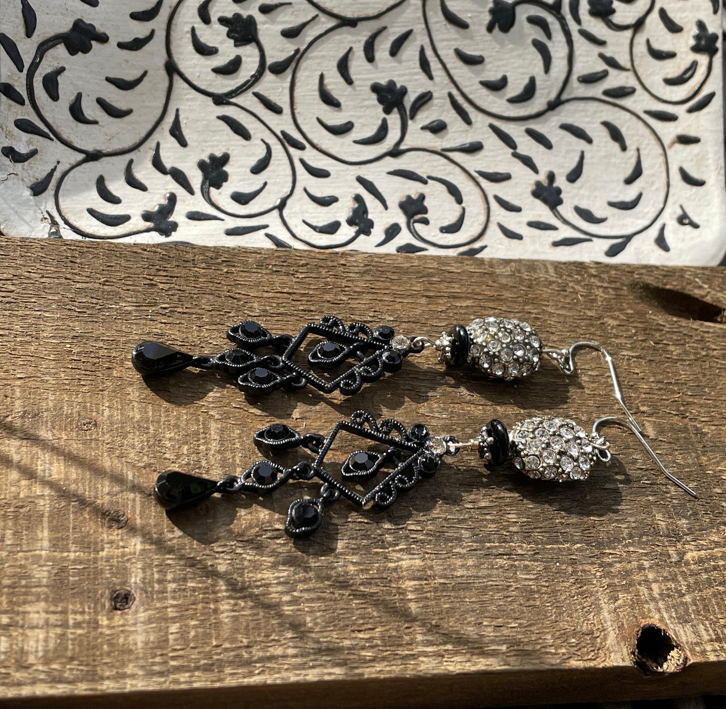 Mixed materials one-of-a-kind handmade dangle earrings - upcycled vintage rhinestones, new and vintage elements