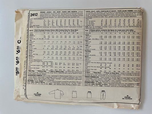 RARE UNCUT vintage Sewing Pattern -Easy McCalls 2412 Pattern 1980s Boxy Jacket Notched Collar V Neckline Top, Dress Pants or Shorts Sz 22-24