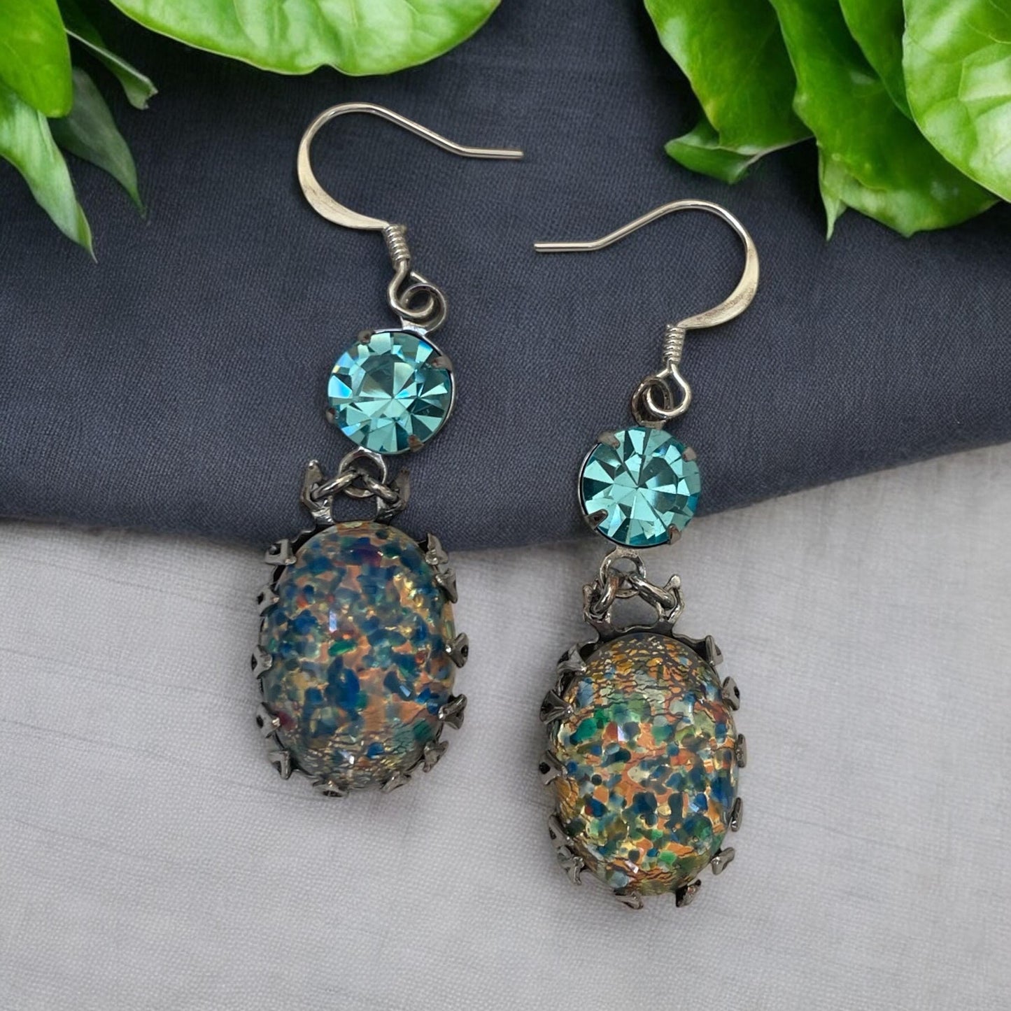 Blue opal? dangle earrings with turquoise rhinestones - please read description