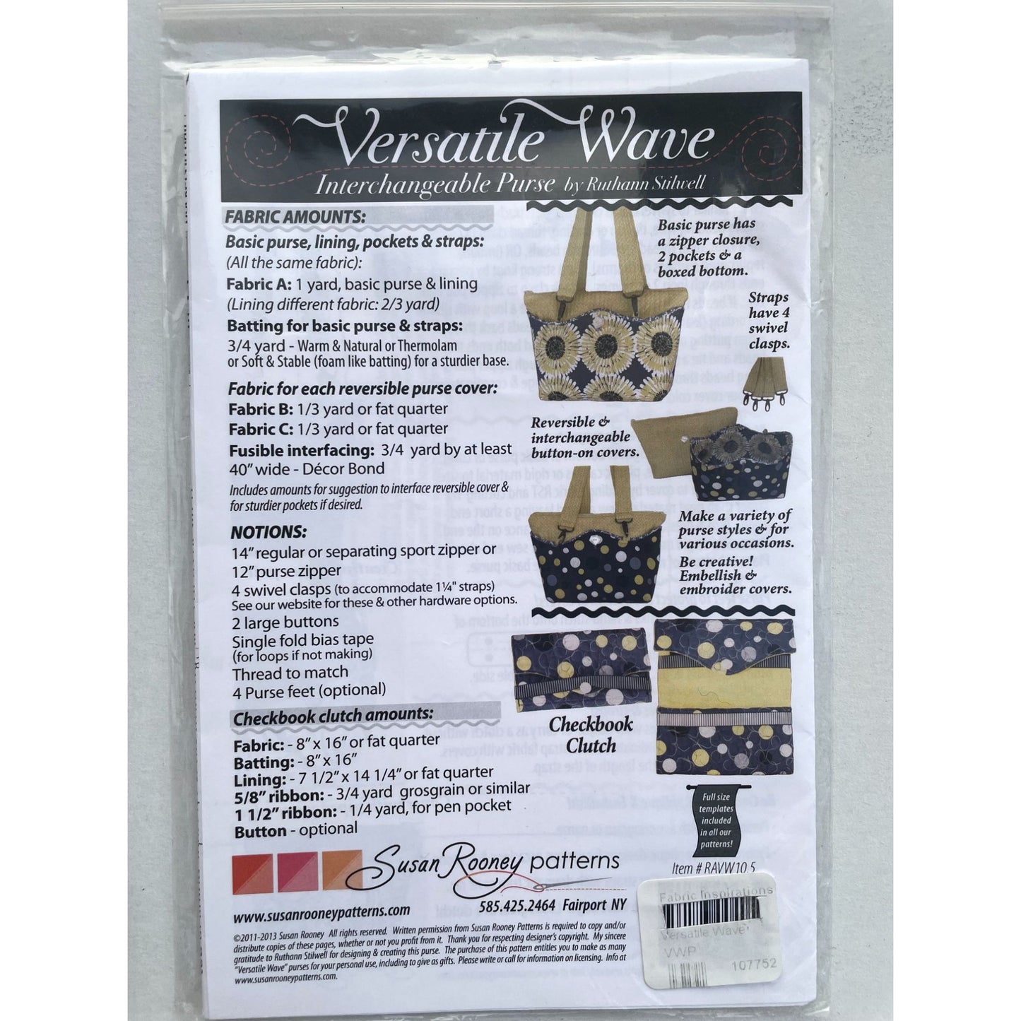 UNCUT Sewing Pattern - Versatile Wave Purse Pattern by Susan Rooney Patterns