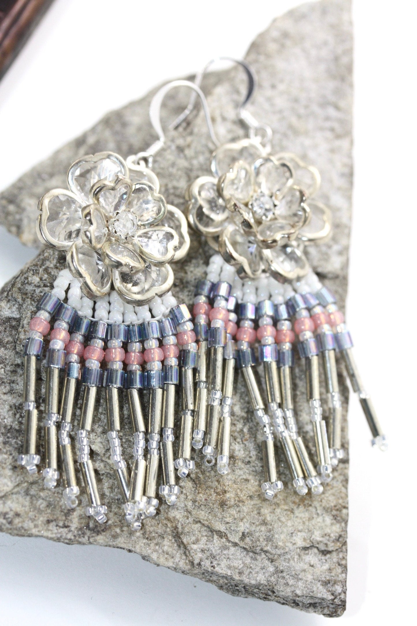 Hand beaded Native-American-Style stunning dangle beadwork earrings - with crystal flowers