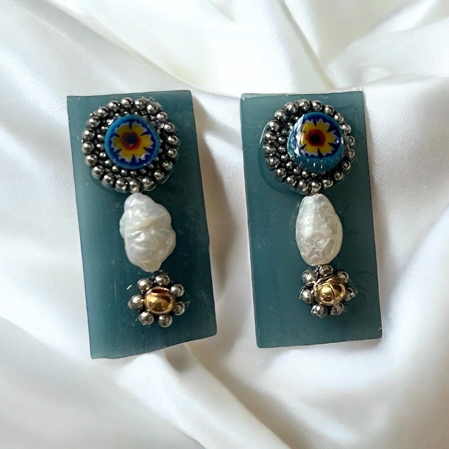 Unique stained glass earrings with Italian millefiori and pearls - stud or dangle earrings