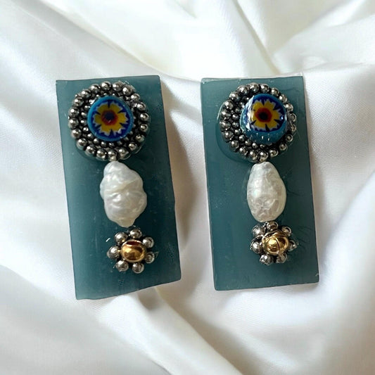 Unique stained glass earrings with Italian millefiori and pearls - stud or dangle earrings