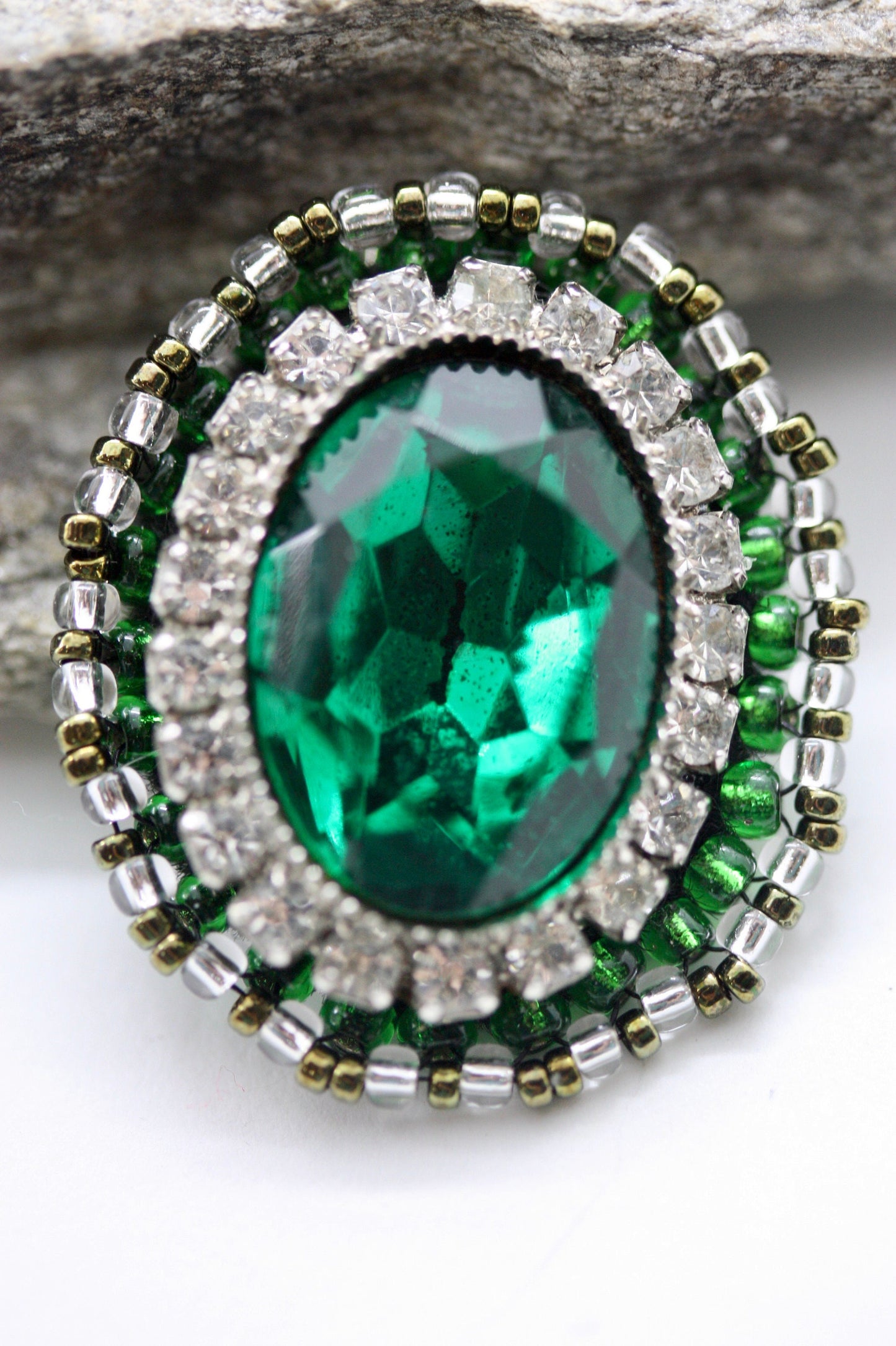 Handmade. mixed material and beadwork emerald green and rhinestone - necklace pendant