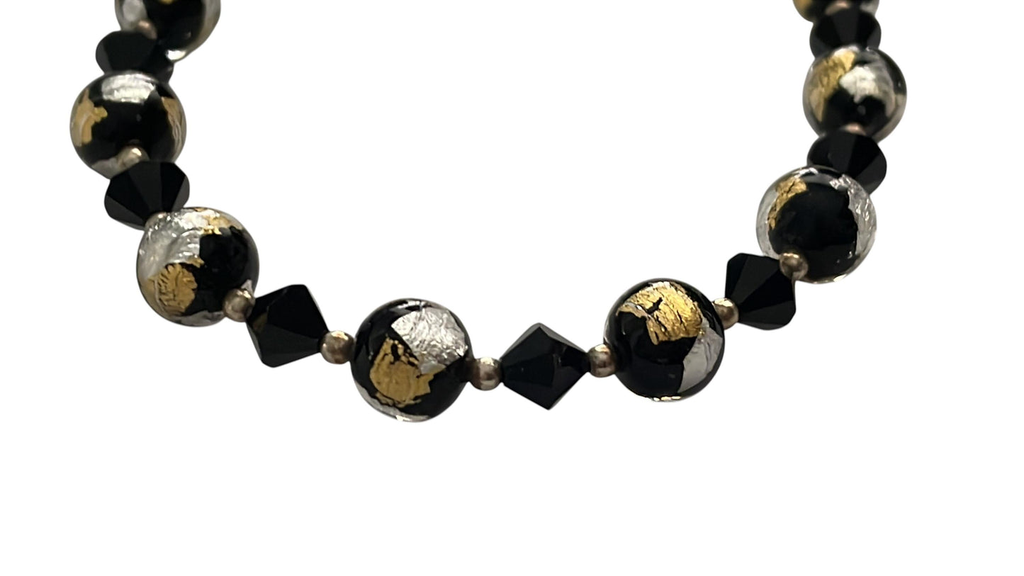 Vintage Lucky Clover brand Murano Glass Bracelet Black Gold Silver Foil Beads, Adjustable 7-8 Inch,m Italian Art Glass Jewelry
