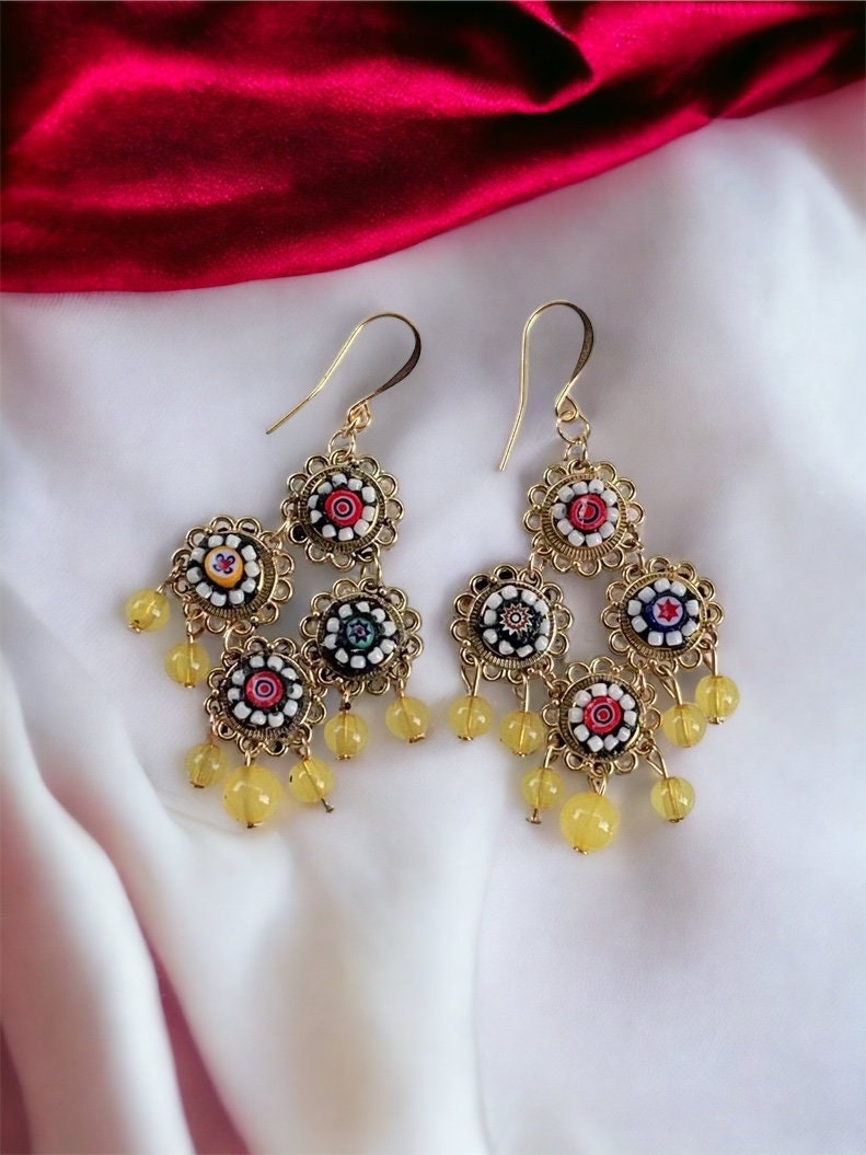 Handmade Italian millefiori mosaic dangle earrings with beads