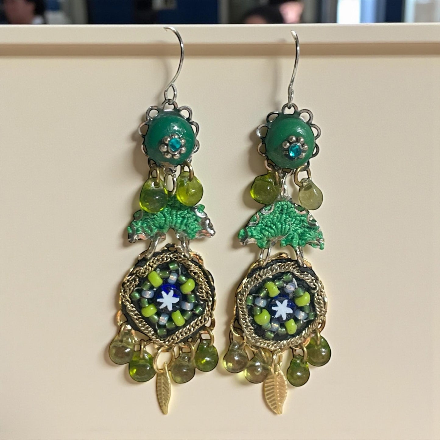 Green Beaded Dangle Earrings – Handmade Boho Jewelry with Textile, Glass beads & Leaf Charms