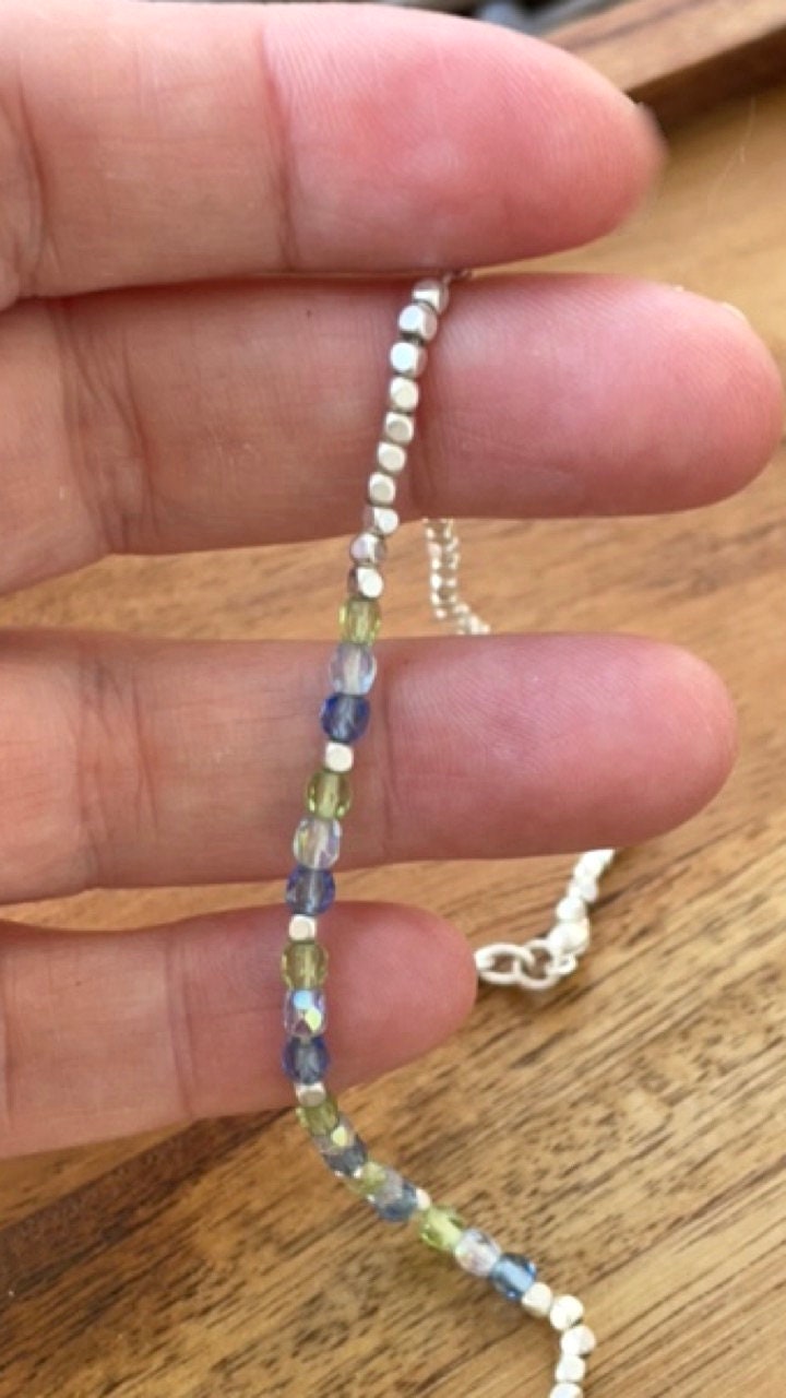 Minimalist necklace - tiny blue and green crystals with tiny silver cubed beads