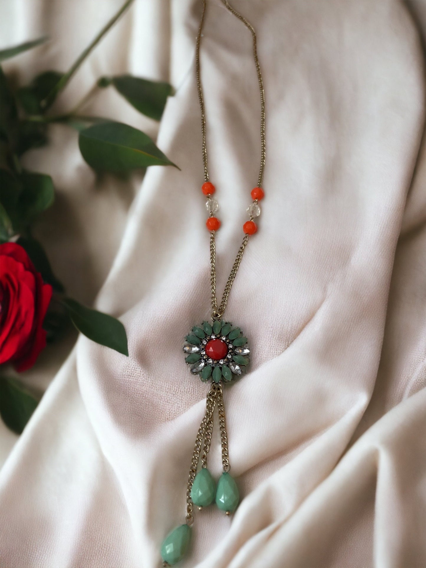 Pretty vintage necklace - turquoise and orange mandela style focal with dangles