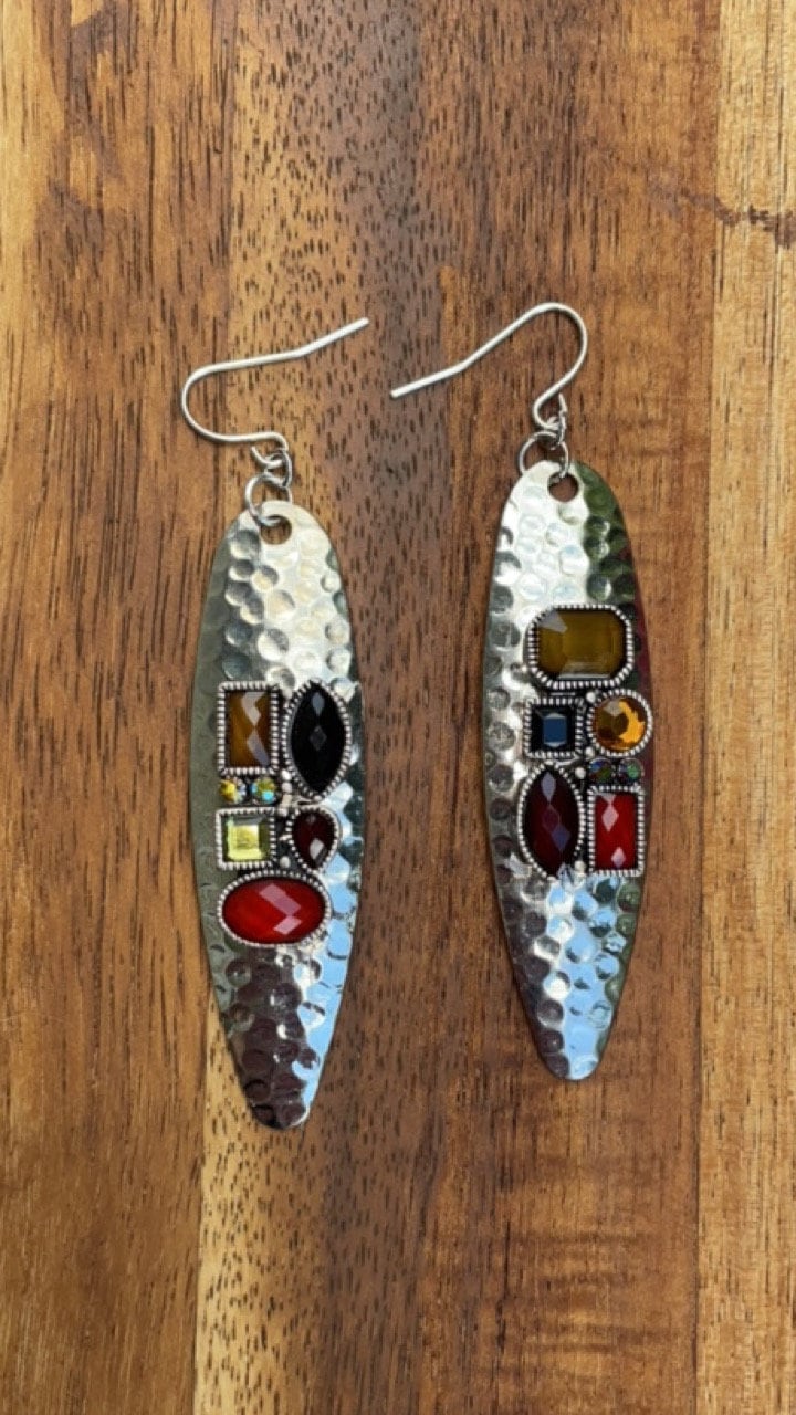 Hammered metal earrings with rhinestone studded mixed media collage
