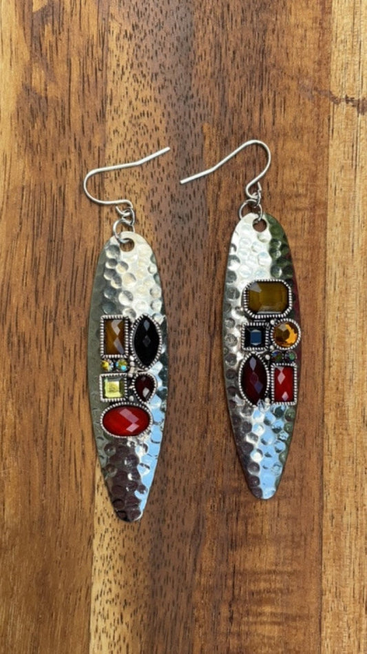 Hammered metal earrings with rhinestone studded mixed media collage