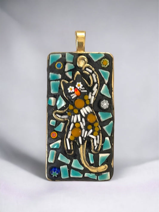 My favorite cat - one-of-a-kind micro mosaic necklace with mixed material including metal, hand cut tile, glass, millefiori and beads