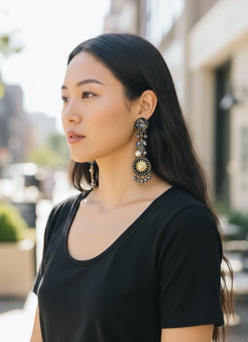 Celestial Sunburst Dangle Earrings – Handmade Boho Statement Jewelry with rutilated quartz,  rhinestones, faux pearls & Beads