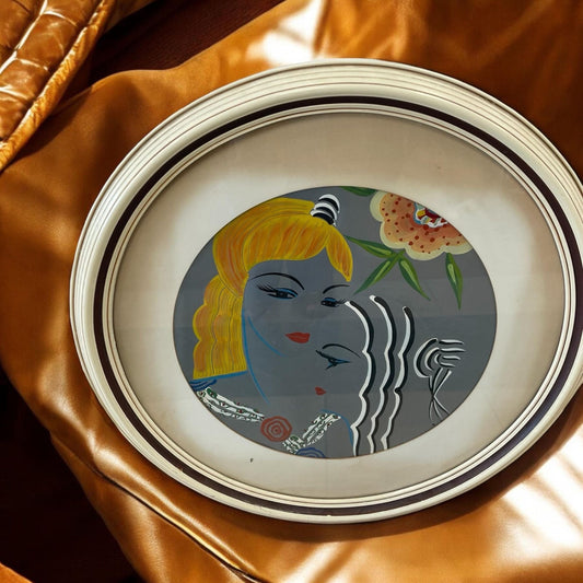 Stunning and unique ROUND matted/framed, 1920's ART DECO abstract etched painting on aluminum - by Hungarian-born artist Martyn Ferenc