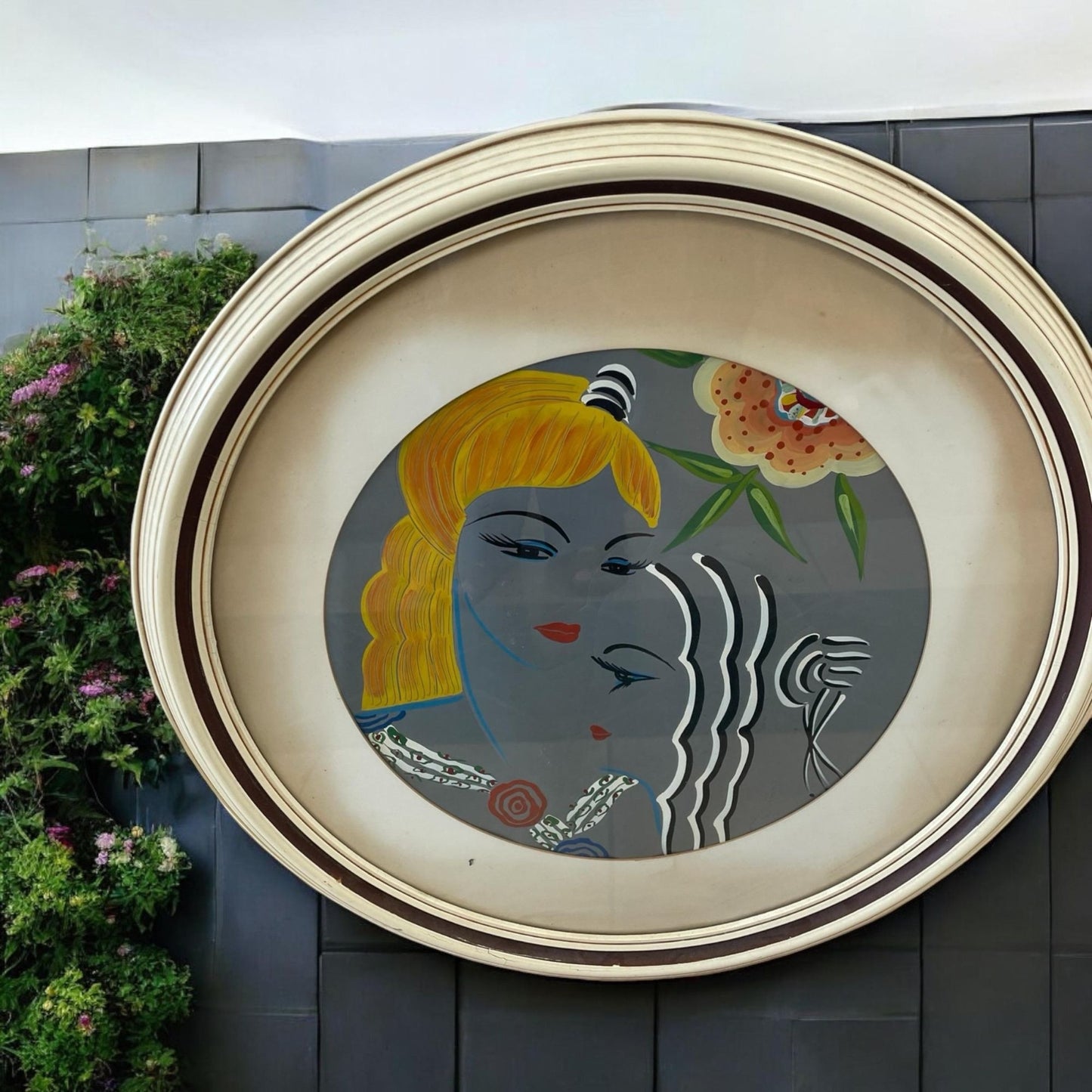 Stunning and unique ROUND matted/framed, 1920's ART DECO abstract etched painting on aluminum - by Hungarian-born artist Martyn Ferenc