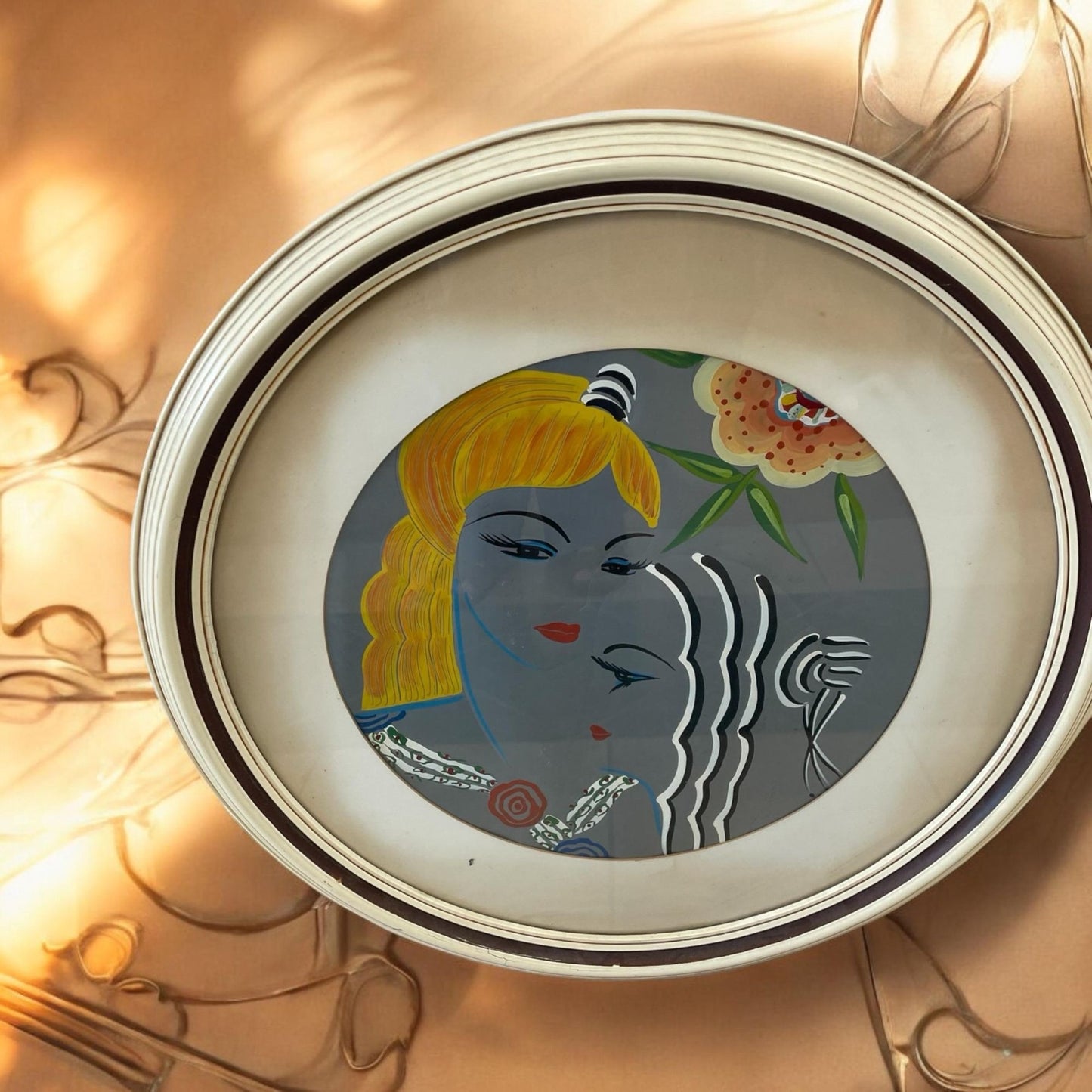 Stunning and unique ROUND matted/framed, 1920's ART DECO abstract etched painting on aluminum - by Hungarian-born artist Martyn Ferenc