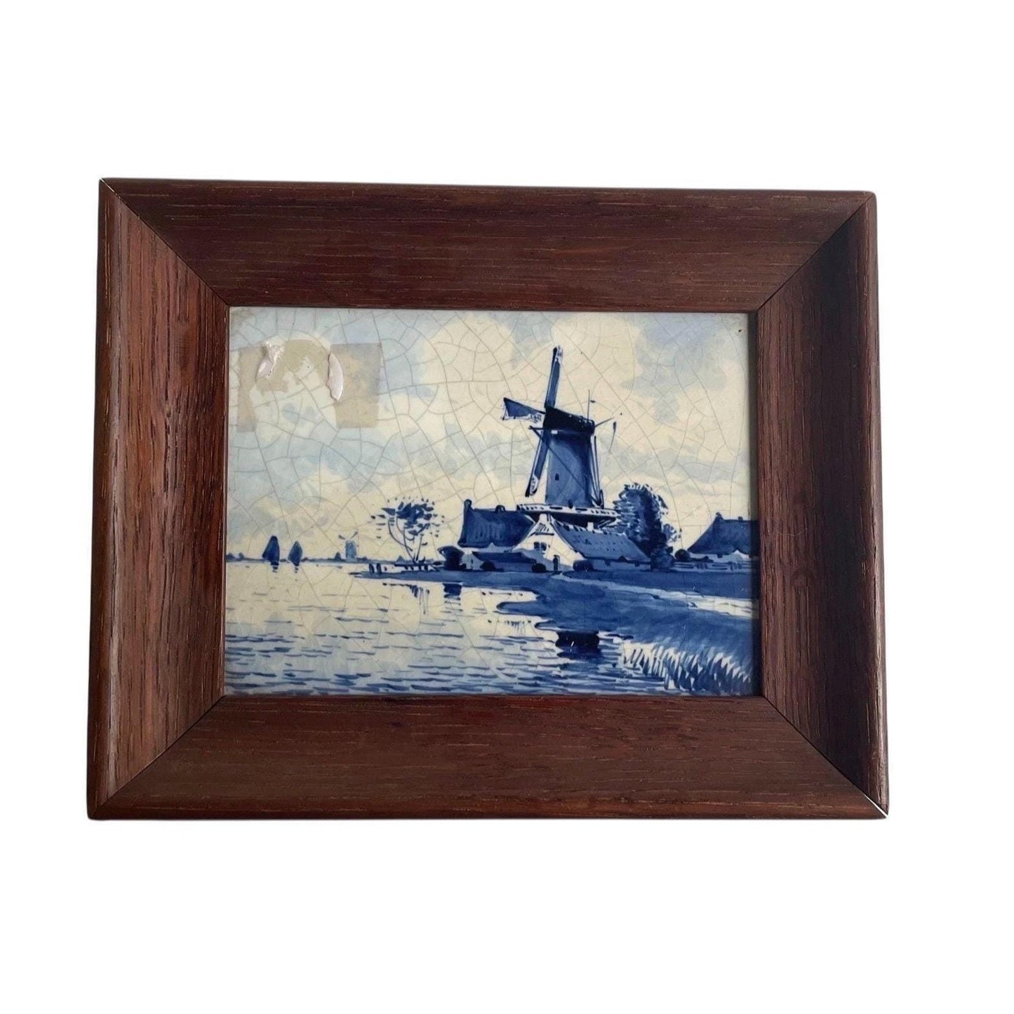 Antique Delft Blue Windmill Tile Framed | Hand Painted Dutch Ceramic Tile | Blue & White European Antique Wall Art