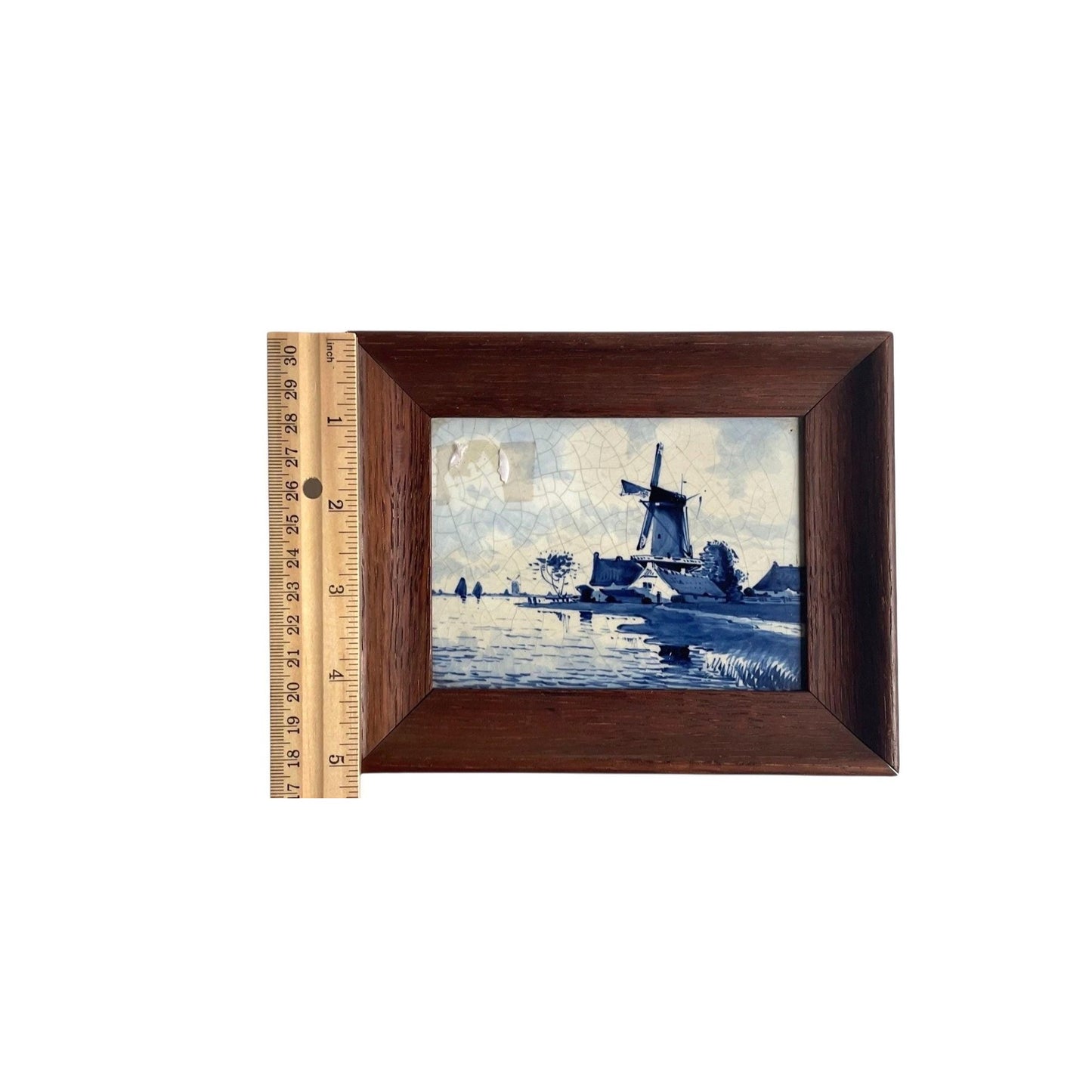 Antique Delft Blue Windmill Tile Framed | Hand Painted Dutch Ceramic Tile | Blue & White European Antique Wall Art