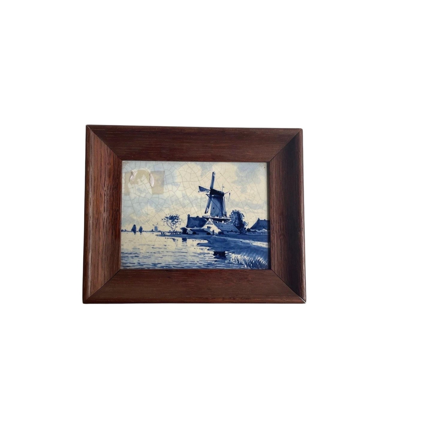 Antique Delft Blue Windmill Tile Framed | Hand Painted Dutch Ceramic Tile | Blue & White European Antique Wall Art